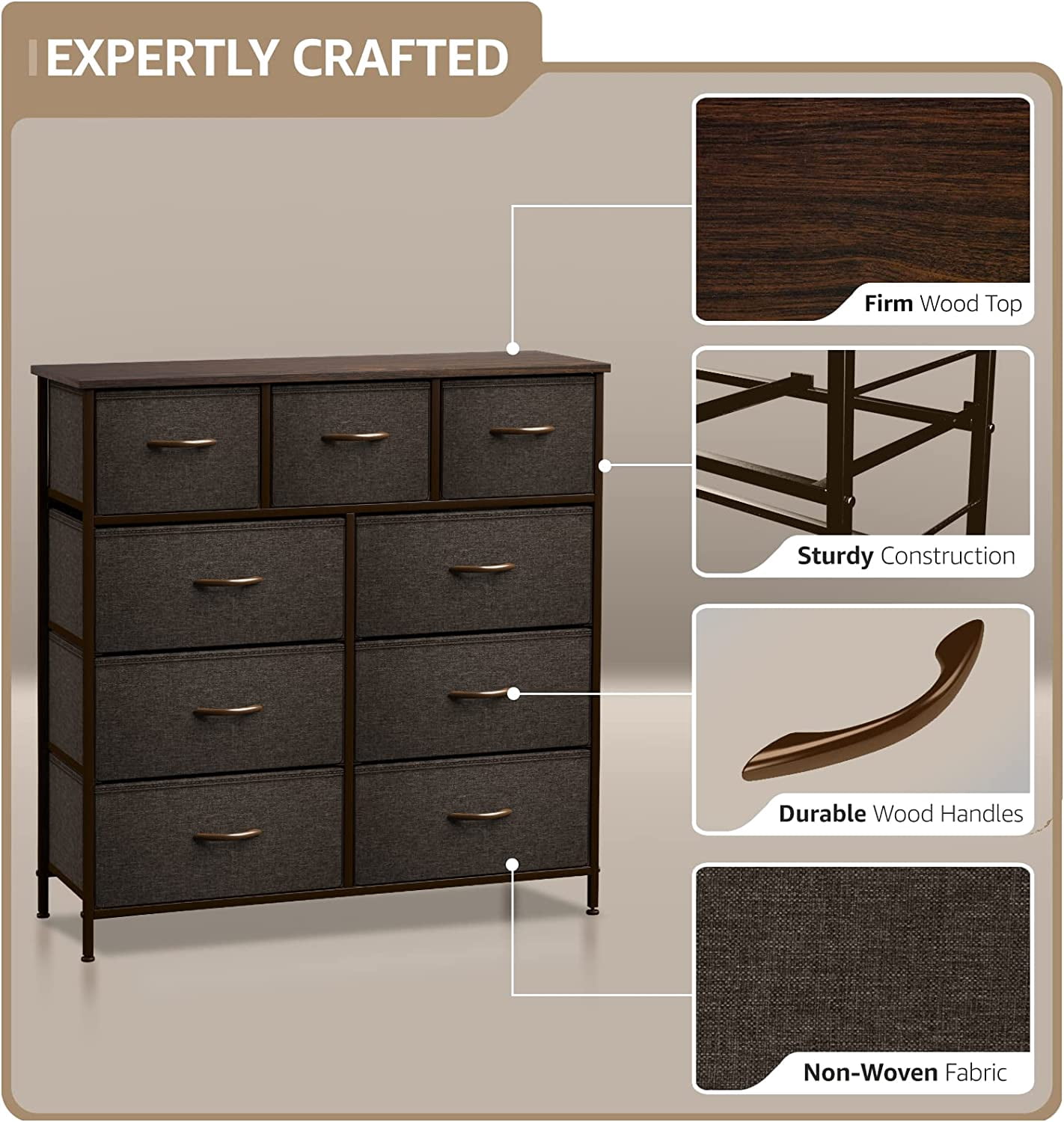 Sorbus 9-Drawer Dresser Nightstand End Table, Steel Frame, Wood Top, Brown
