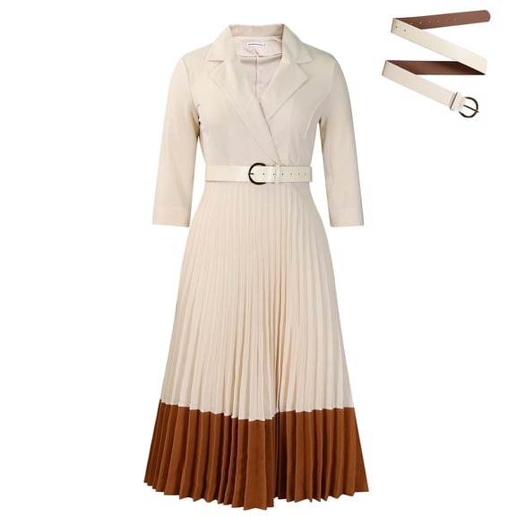 AURA Womens Pleated A Line Midi Dress Suit Collar Puff Nine Point Sleeves High Waist Sizes S 5XL