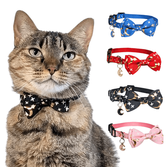 Kiokatt Breakaway Black Bowtie Cat Collar – Adjustable Celestial Nylon with Moon Charm