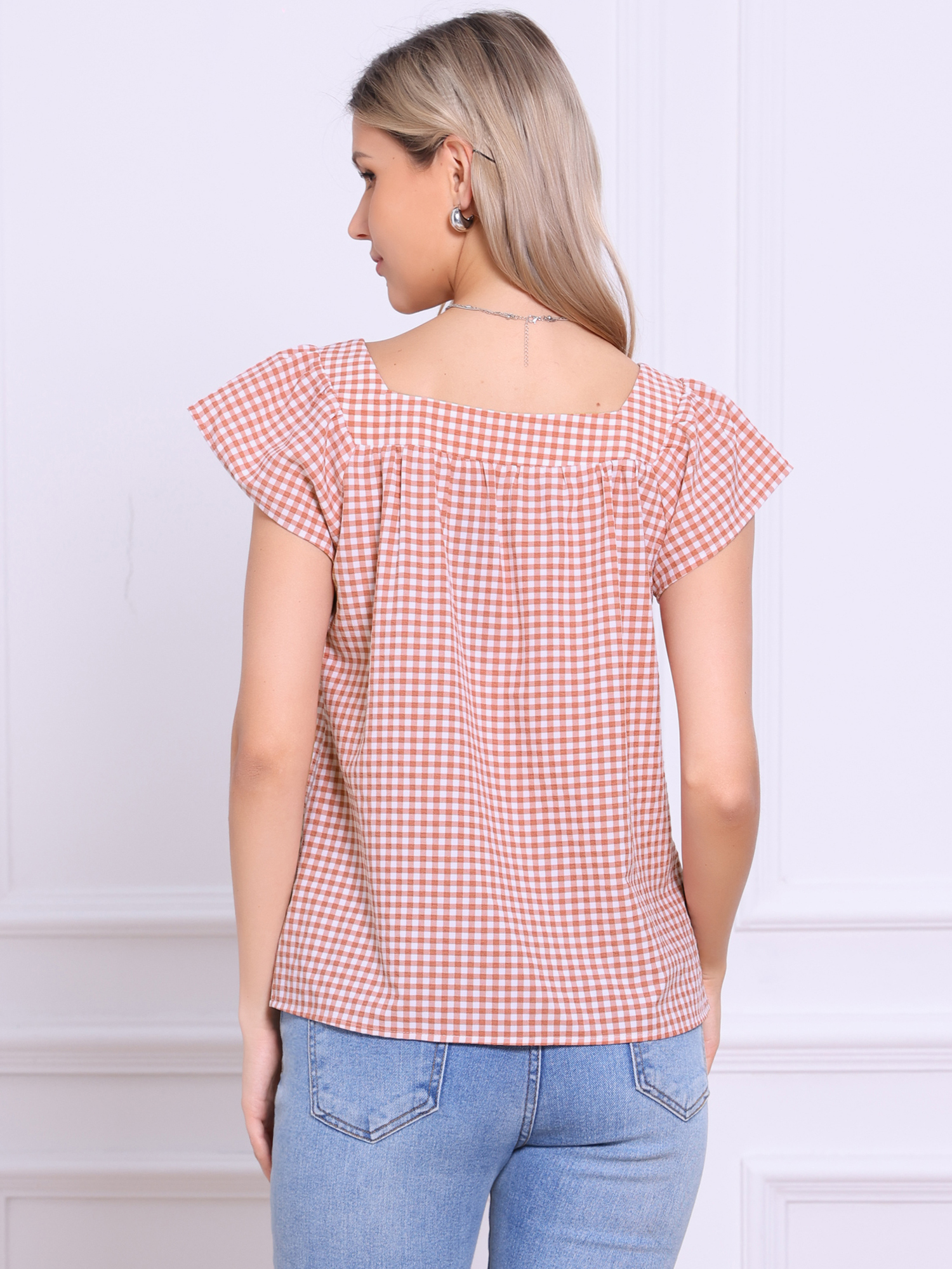 DARING DIVA Women's Cute Cap Sleeve Square Neck Plaid Blouses M Cameo Brown