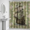 thumbnail image 5 of Sailboat Shower Curtain for Bathroom Decor, Vintage Boat Green Map Texture Brown Stripes Waterproof Fabric Shower Curtain, 60"x72" Set with 12 Hooks, 5 of 9