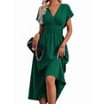 thumbnail image 3 of Womens Solid Color Overlap V Neck Batwing Sleeve Waist Pleated Long Elegant Dress Maxi Green L, 3 of 10