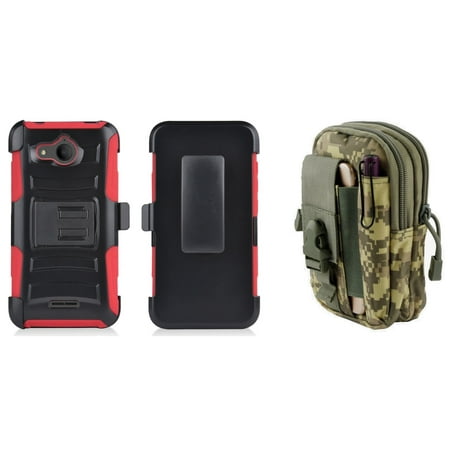 Heavy Duty Rugged Dual Layer Armor Kickstand Case with Belt Clip Holster (Red/Black) with ACU Camo Tactical EDC MOLLE Belt Bag Pouch and Atom Cloth for Alcatel