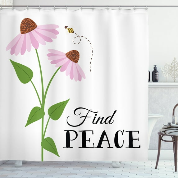 Coneflower Shower Curtain, Pattern of Find Peace Typography with Burgeoning Flowers and a Fly Garden Art, Fabric Bathroom Set with Hooks, 69W X 84L Inches Extra Long, Multicolor, by Ambesonne
