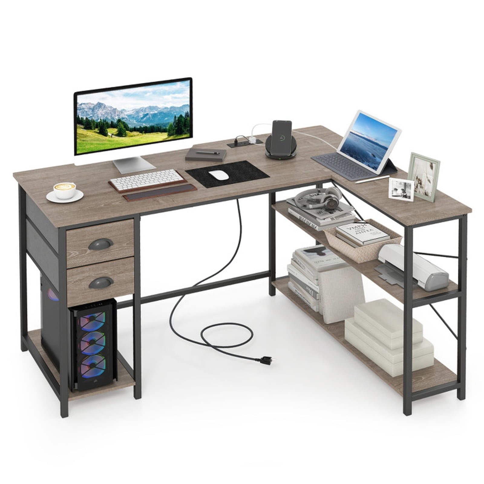 Furnibear L Shaped Desk with Charging Station, Corner Computer Desk with 2 Fabric Drawers and Open Shelves for Home Office Study Gaming, Oak