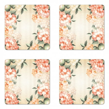 

Floral Coaster Set of 4 Blooming Hydrangea Flowers Leaves Bouquet Vintage Style Spring Nature Print Square Hardboard Gloss Coasters Standard Size Salmon Reseda Green by Ambesonne