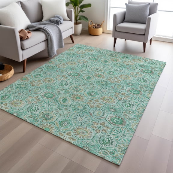 Addison Rugs Chantille Indoor/Outdoor Transitional Floral Aqua Machine Washable Rectangle Rug, 10' x 14'