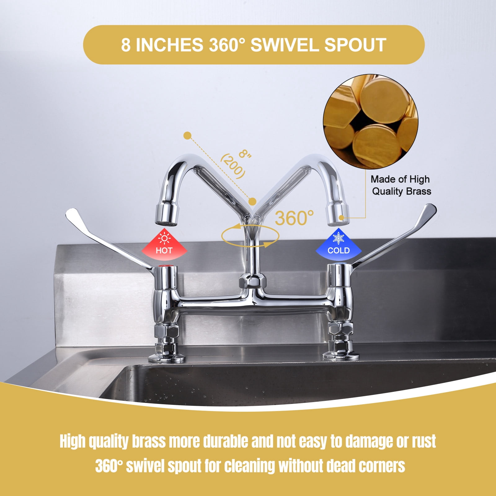 Wowow Double Handles Deck Mount Faucet with 8 in. Swivel Spout, Standard Kitchen Faucet in Polished Chrome