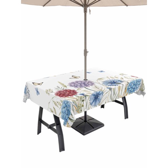 60x84 Inch Outdoor Tablecloth with Umbrella Hole Zipper Rectangle Blue Purple Red Hydrangea Rectangular Tablecloths Waterproof Country Butterflies Flowers Plant Patio Table Cloth Cover for Picnic