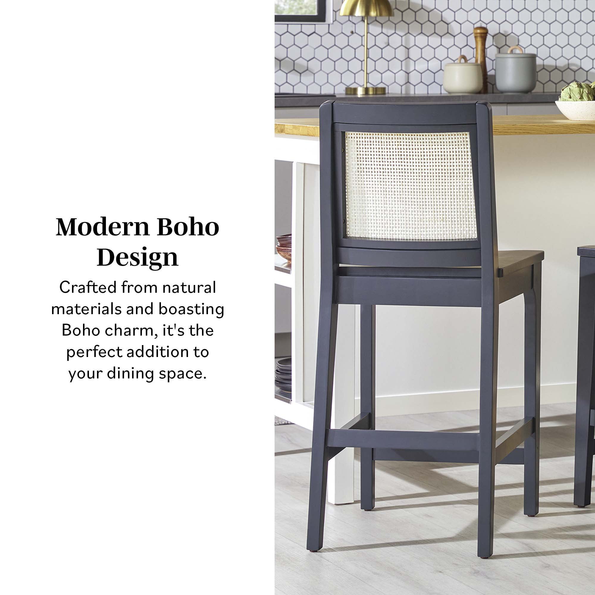 Walker Edison Counter Height Rattan Back Bar Stools, Black (Set of 2)