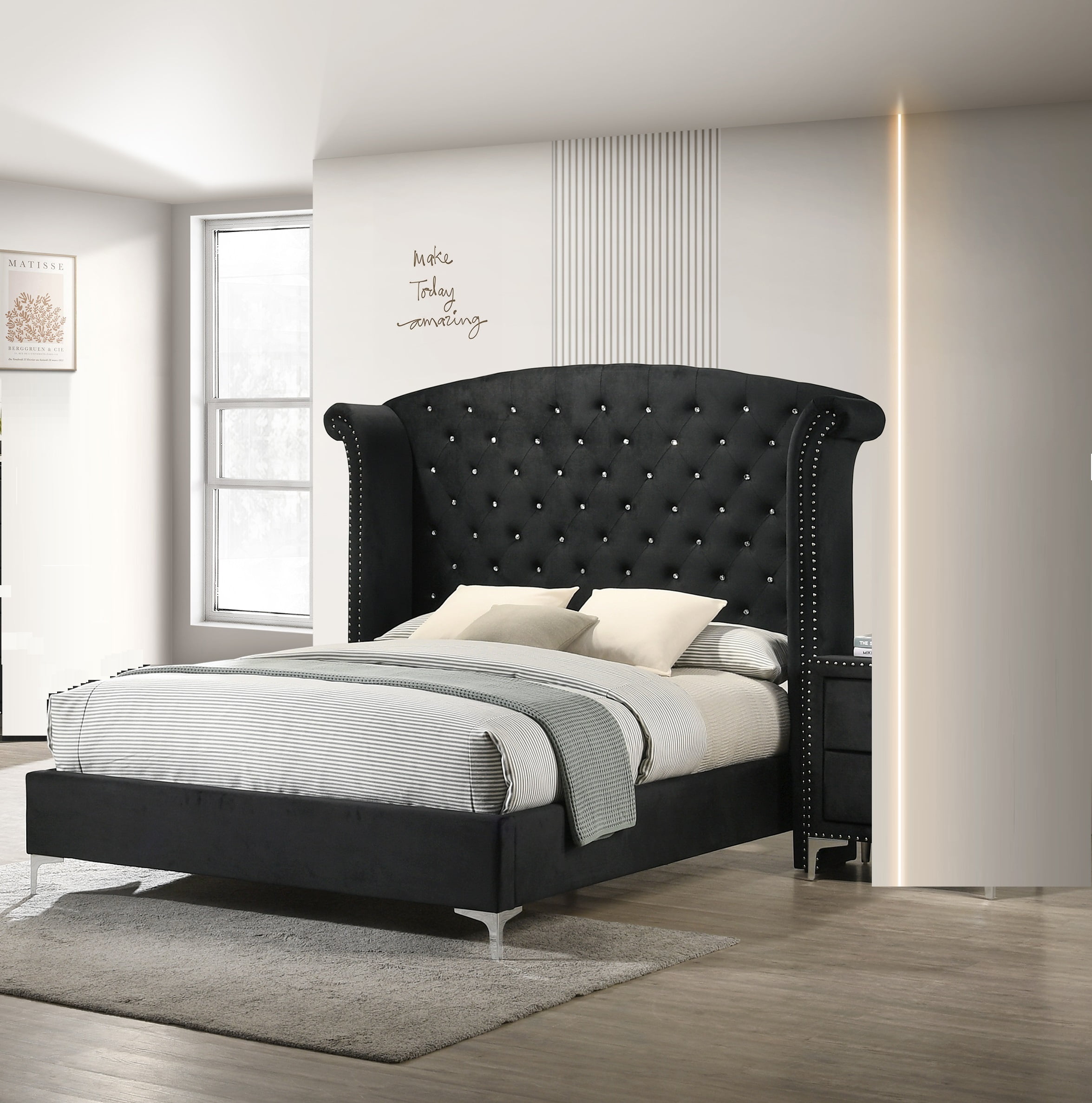Bed Frame 1pc Glam Upholstered Queen Bed Button-Tufting Wing Back Headboard Button Bedroom Furniture Wood Metal Fabric Black