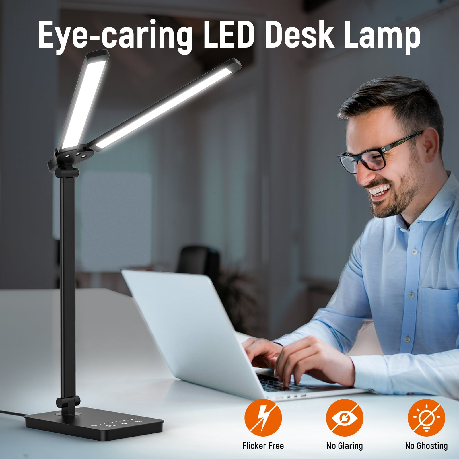 LED Desk Lamp with USB Charging Port, Dimmable 50 Lighting Modes Adjustable Foldable Dual Swing Arm Architect Energy-Efficient Task Lamp For Home Office-Black