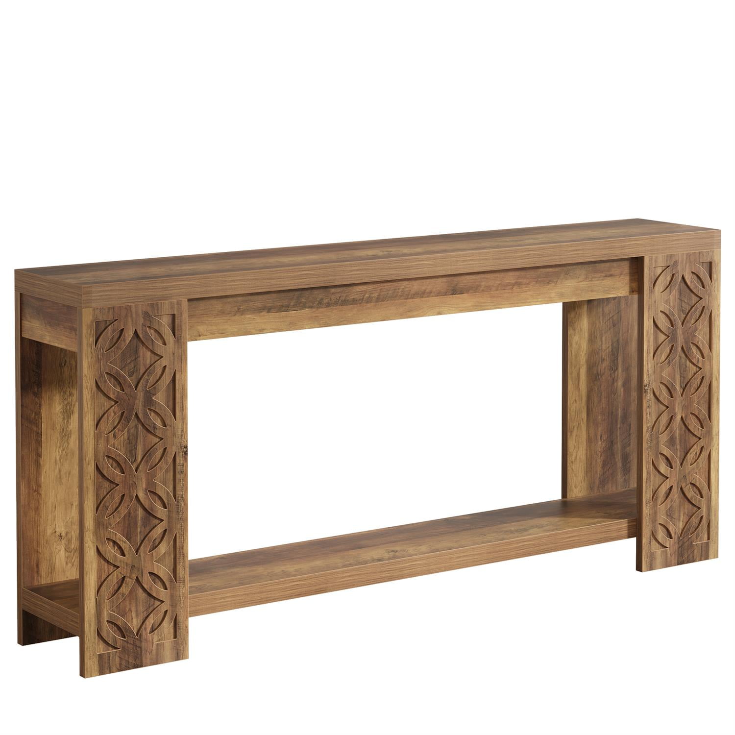 Demi Bonn 70" Bohemian Handcrafted Wooden Console Table, Entryway Side Table with Elegant Carvings for Living Room, Brown