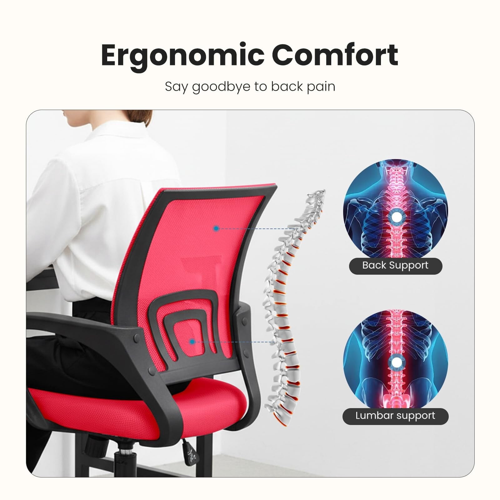 Kelno Mid-Back Mesh Office Chair 250lb Capacity Ergonomic Desk Chair with Lumbar Support Adjustable Height Rocking Task Chair, Red