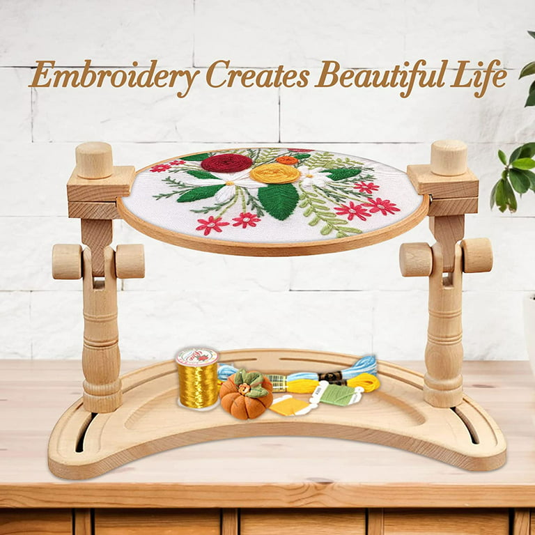 VEGCOO Multifunctional Beech Wood Embroidery Hoop Stand with 2 Pcs 6'' 8''  Embroidery Hoops, Adjustable Rotated Embroidery Stand Cross Stitch Stand