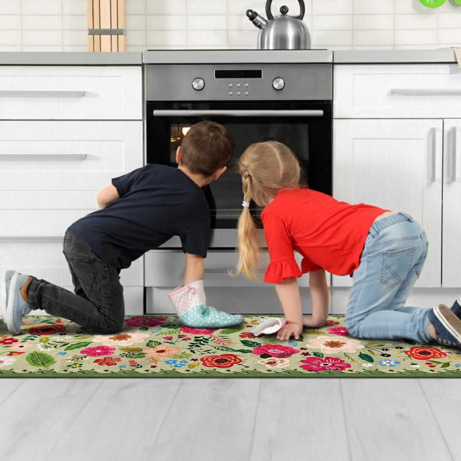 Kitchen Rugs and Mats Non Skid Washable Set of 2,Boho Floral Modern Farmhouse Bohemian Kitchen Runner Rugs with Rubber Backing for Kitchen Decor and Accessories (Green 17"x47"+17"x30")