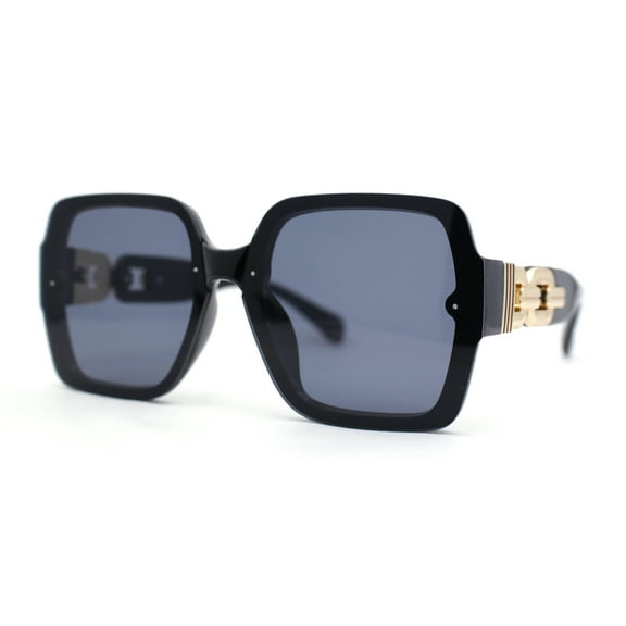 Womens Mod Rimless Jewel Chain Arm Oversize Rectangle Sunglasses All Black