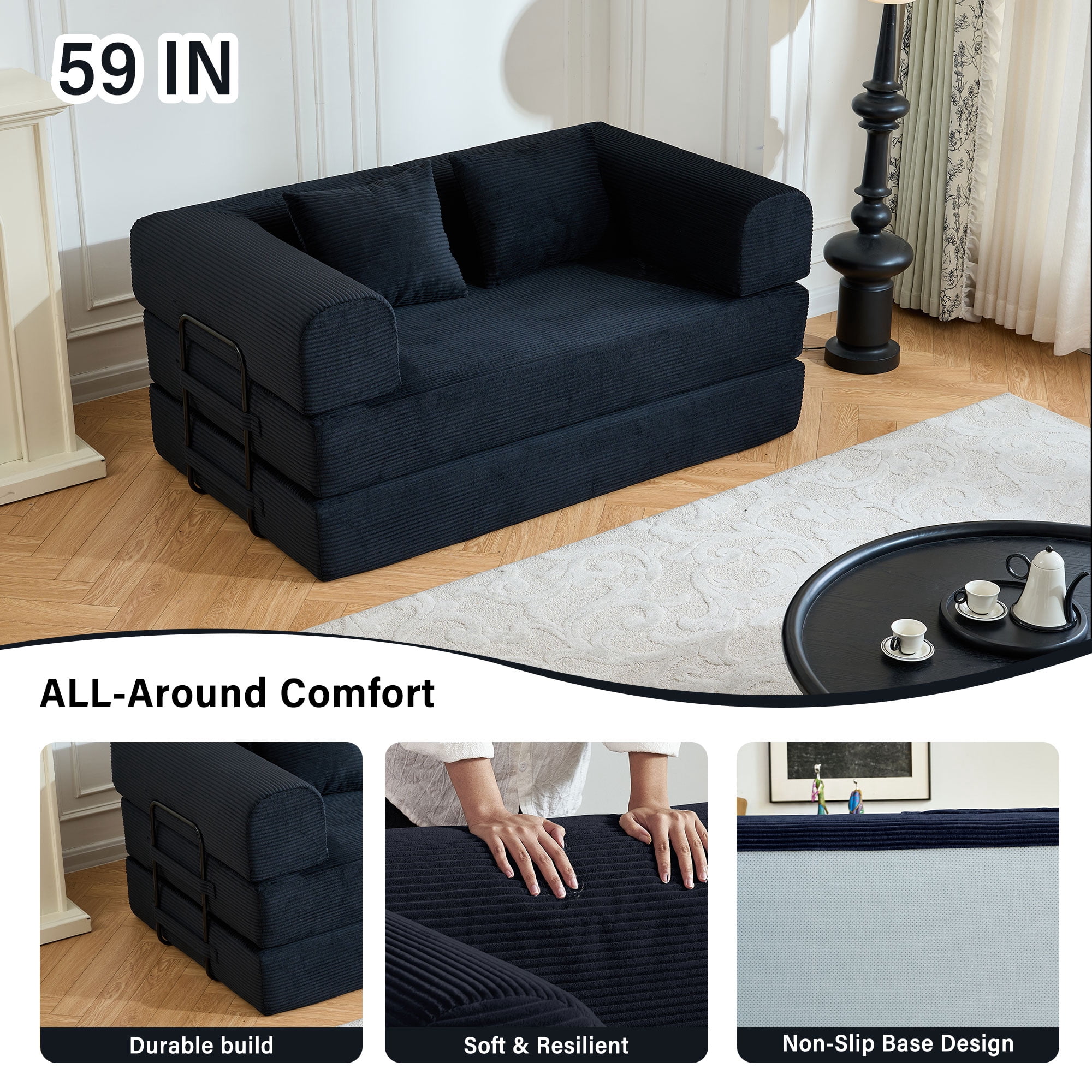 59" 5-in-1 Convertible Corduroy Sofa Bed, No-Assembly Boneless Loveseat Pull-Out Sleeper for Small Spaces(Black)