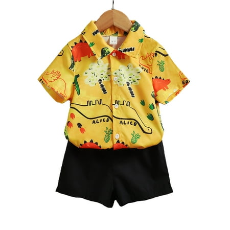 

Kucnuzki 4T Toddler Boy Summer Outfits Shorts Sets 5T Short Sleeve Dinosuar Prints Gentle Lapel Shirt Tops Suspender Cozy Shorts 2PCS Set Yellow