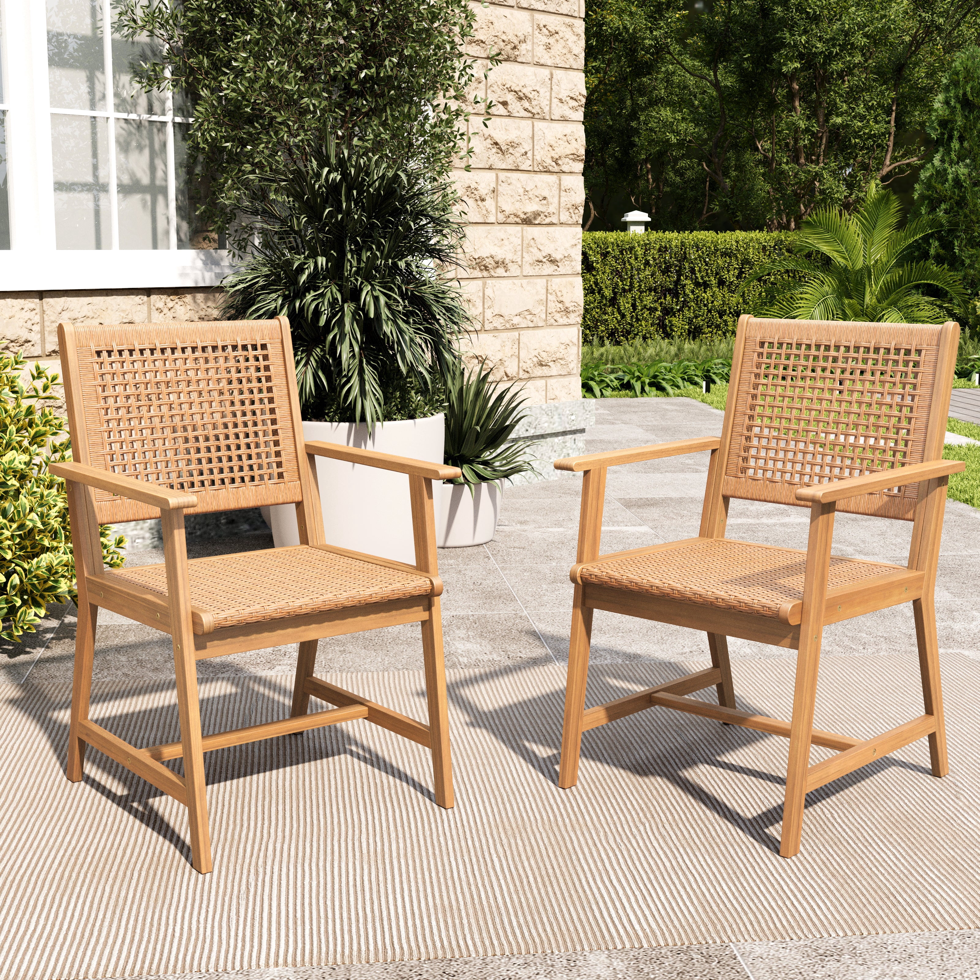 Acacia Wood Outdoor Dining Chairs with Rope Woven Backrest, Black