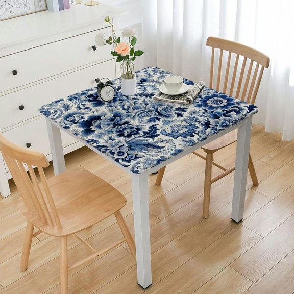 HAOXIT Block Print Decorative Tablecloth Square Floral Table Cover for Indoor and Outdoor Use Table Overlay for Spring Easter, Dining, Party 44''x44''