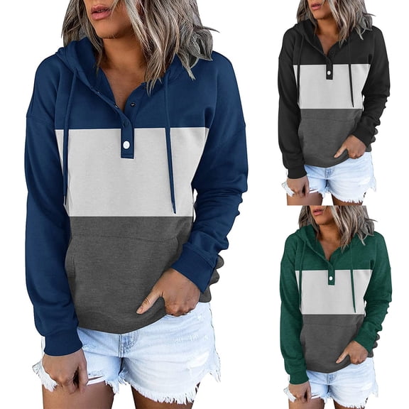 BiZtdJrK Womens Long Sleeve Pullover Sweatshirts Fashion Colorblock Hooded Sweat Shirts Casual Button Neck Drawstring Hoodies with Pockets Daily Sales of the Day Black S