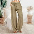 thumbnail image 2 of PMVFHDE Women's Linen Pants Summer Wide Leg Drawstring High Waist with Pockets Breathable Comfortable Casual Trousers Khaki，XXXL, 2 of 4