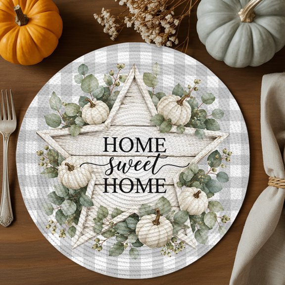 Sweet Home Round Braided Placemats Set of 8, Farmhouse Rustic Country Star White Pumpkin Gingham Heat Insulation Place Mats Washable Non-Slip Table Mats for Kitchen Dining Party, 15 Inches
