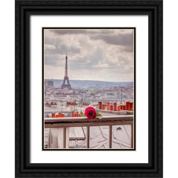 Frank, Assaf 15x18 Black Ornate Wood Framed with Double Matting Museum Art Print Titled - Rose on balcony railing with Eiffel Tower in background, Paris, France