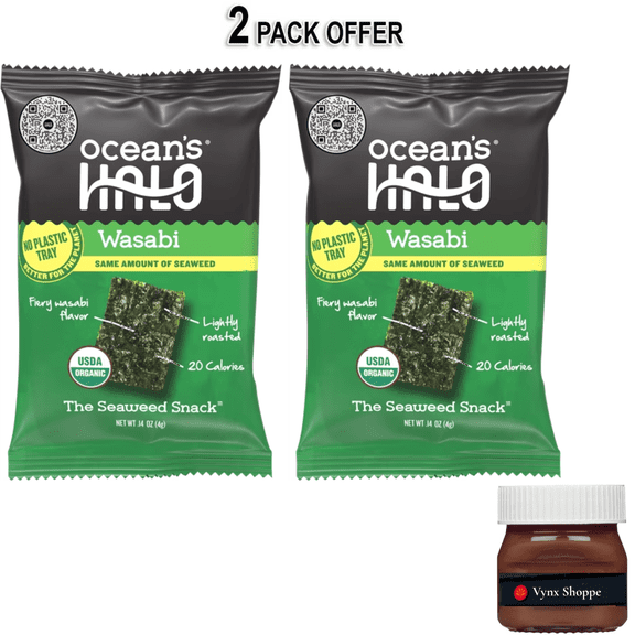 Ocean's Halo, Organic Trayless Seaweed Snack, Wasabi, Vegan, No Plastic Tray, 1pk Nori Sheets, Shelf-Stable, 0.14 oz