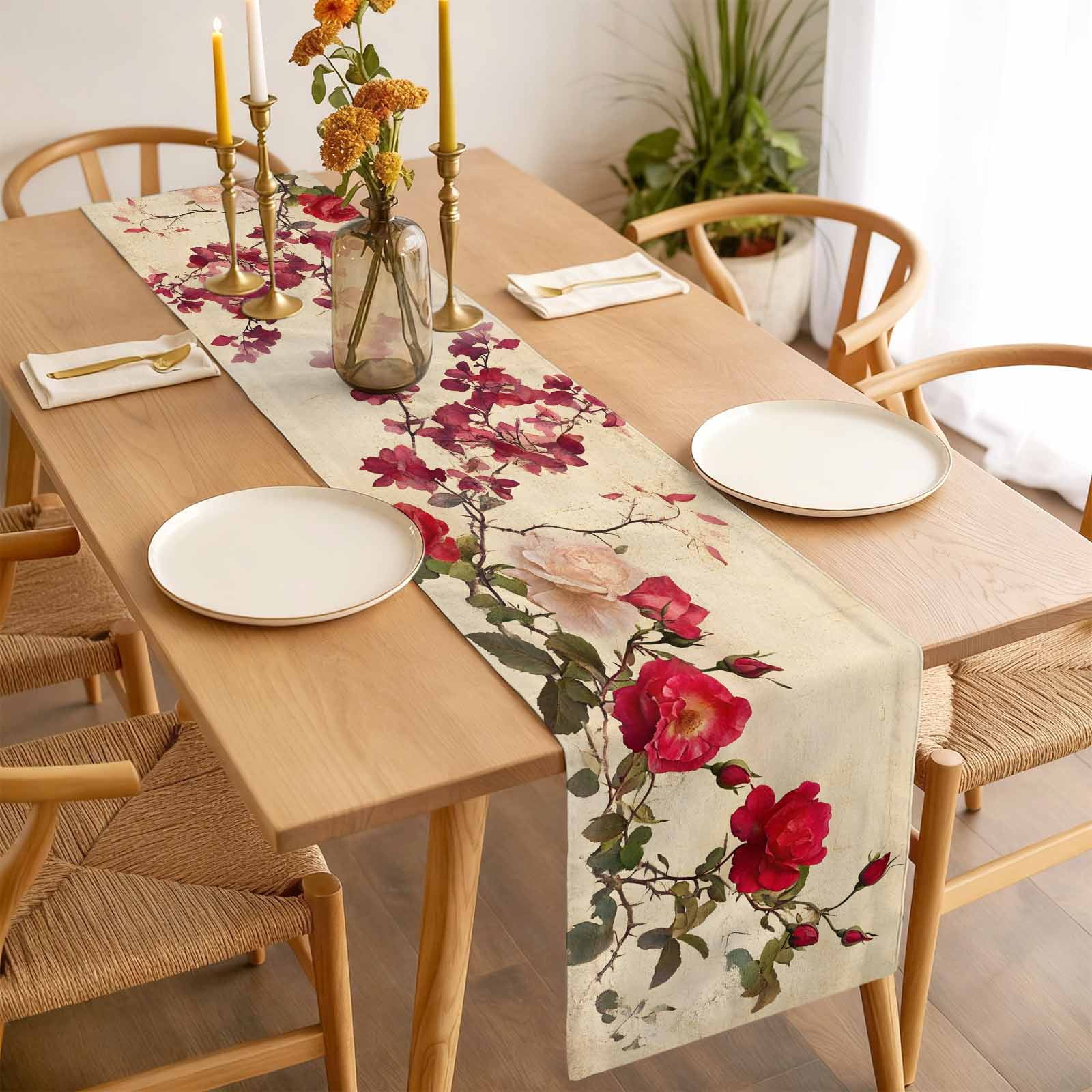 Spring Red Rose Table Runner 13x90 inch Country Watercolor Red Floral Green Leaf Linen Cotton Linen Dining Table Runner Ideal for Dresser Kitchen Coffee Tables - Machine Washable