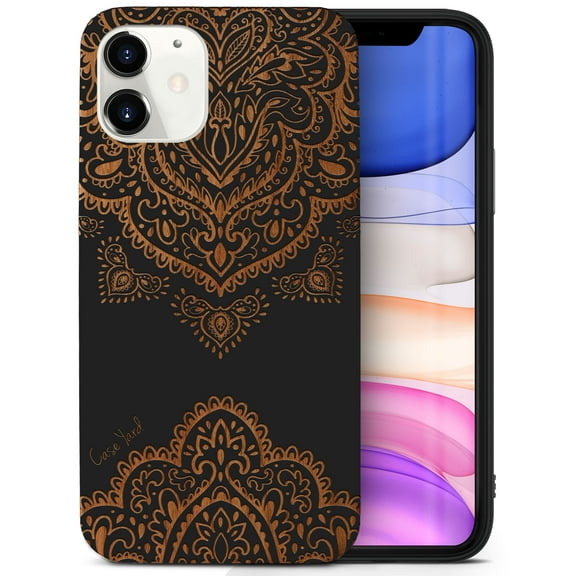 Case Yard Wooden Case for iPhone-11 Soft TPU Silicone cover Slim Fit Shockproof Wood Protective Phone Cover for Girls Boys Men and Women Supports Wireless Charging Ornamental Mandala Design