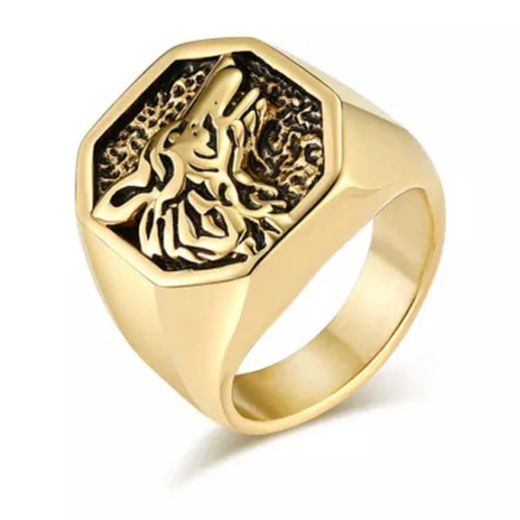 QQTDFG Men Wolf Head Animal Ring Silver Stainless Steel Punk Viking Biker Band Vintage-Gold-9