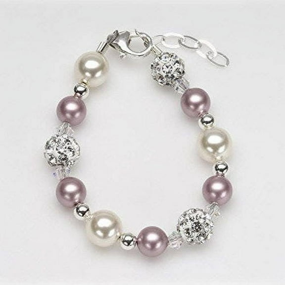 Elegant Rose and Ivory Simulated Pearls with White Pave Beads Sterling Silver Luxury Baby Girl Bracelet (B138)