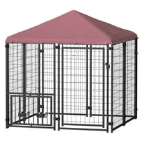 SAZYY Welded Wire Outdoor Dog Kennel with 360掳 Rotating Bowls, 4-Level Adjustable Food Bowls & Waterproof Cover, 4.6'x4.6'x5'