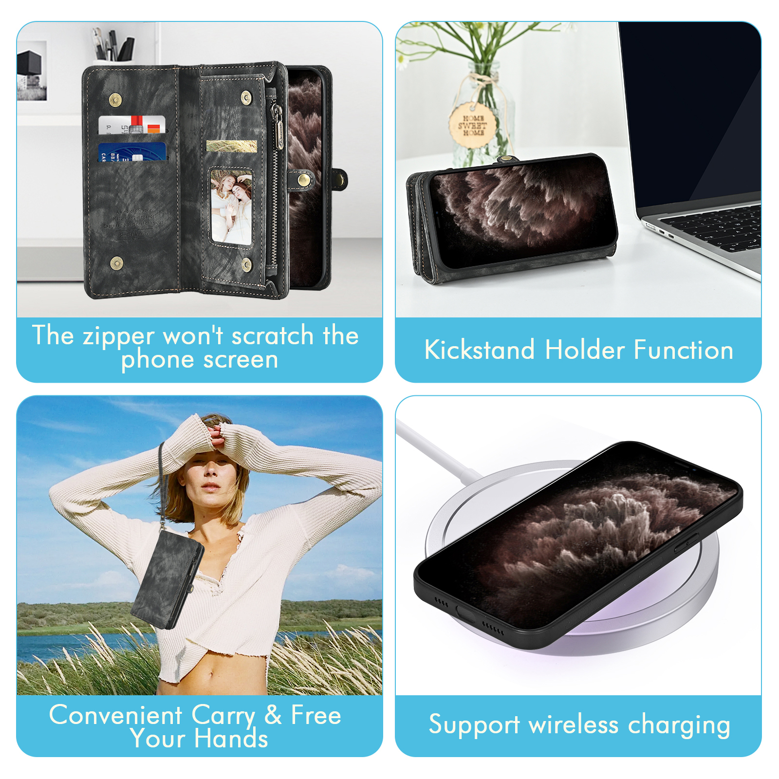 Asuwish Compatible with iPhone 13 Pro 6.1 inch Phone Case Zipper Wallet Tempered Glass Screen Protector Strap Flip Card Holder Cell Cover for iPhone13Pro 5G i i-Phone i13 iPhone13 13Pro Women Black