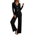 thumbnail image 2 of LEKWK Lounge Sets for Women Ribbed Long Sleeve Slim Fit Top with Cute Bows and Wide Leg Pants Matching Outfits 2 Piece Casual Sleepwear, 2 of 9