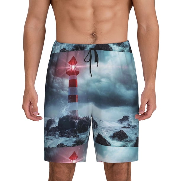 Balery Lighthouse in a Stormy Sea Pantalones cortos de pijama de punto de algodón para hombre con cinturilla y bolsillos-Small