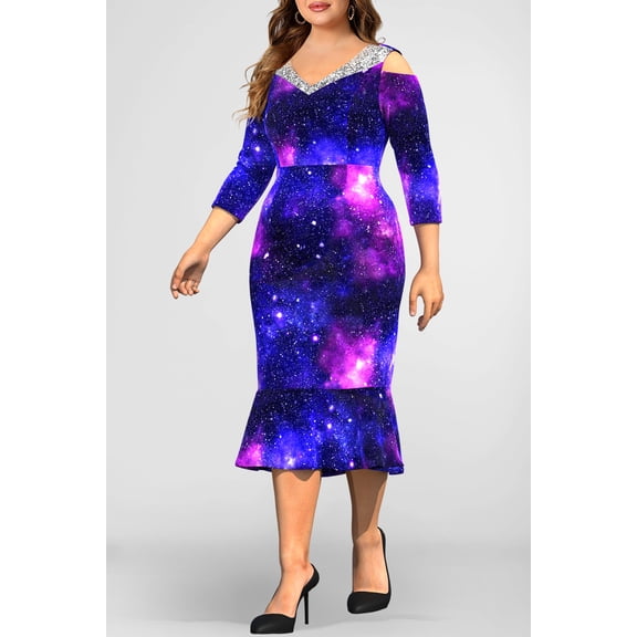 Plus Size Galaxy Print Cold-Shoulder Mermaid Midi Dress, V-Neck 3/4 Sleeve Ruffle Hem Bodycon Party Dress