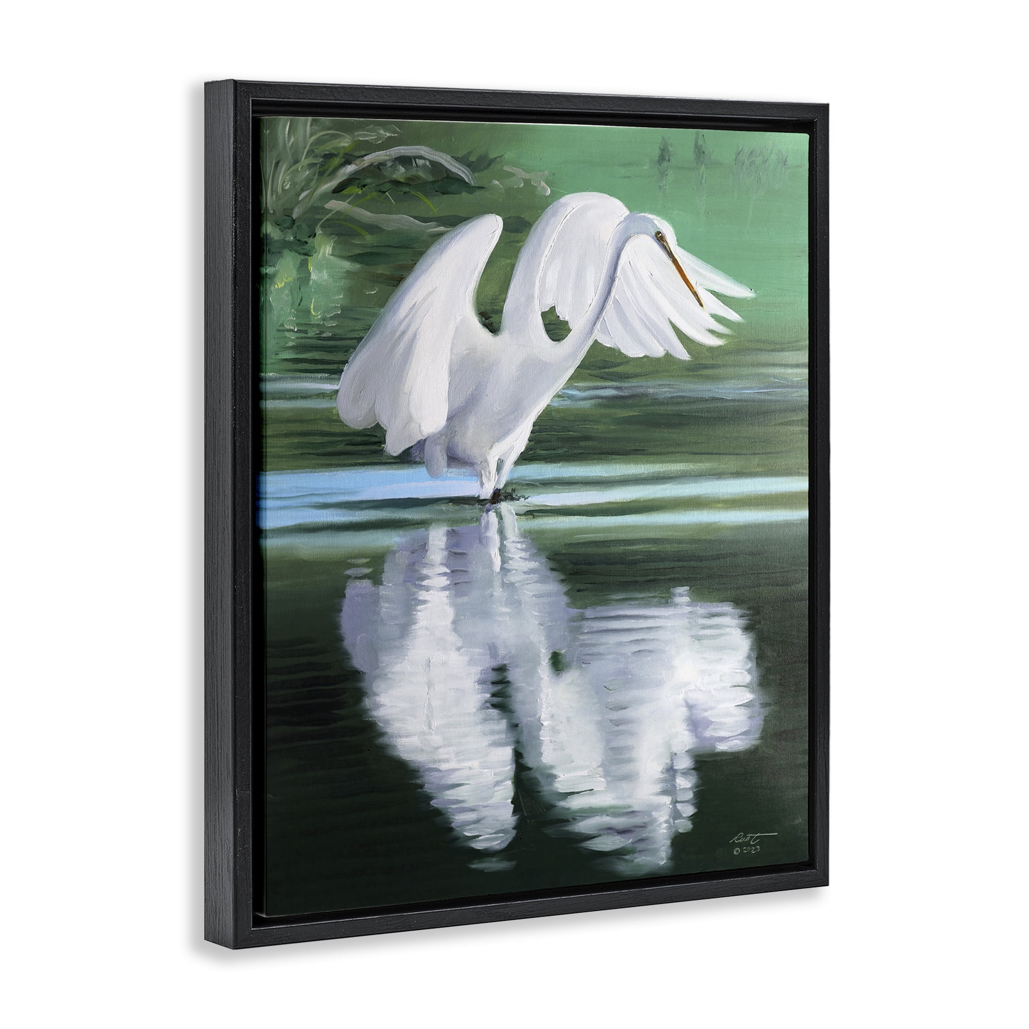 Stupell Industries Egret Flapping Wings Animals & Insects Painting Black Floater Framed Canvas Art Print Wall Art, 17 x 21