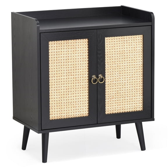 Black Sideboard Buffet Cabinet with Rattan Doors for Dining Room, Kitchen or Hallway Storage
