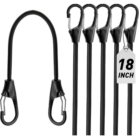 5-Piece Heavy Duty Bungee Cords with Hooks, 18 Inch Premium Elastic Rope for Outdoor, Camping, Bike Rack, Tarps – Extra Strong Bungee Cord Assortment