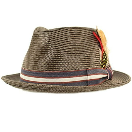 SK Hat shop Men's Stripe Band Removable Feather Derby Fedora Curled Brim Hat L/XL