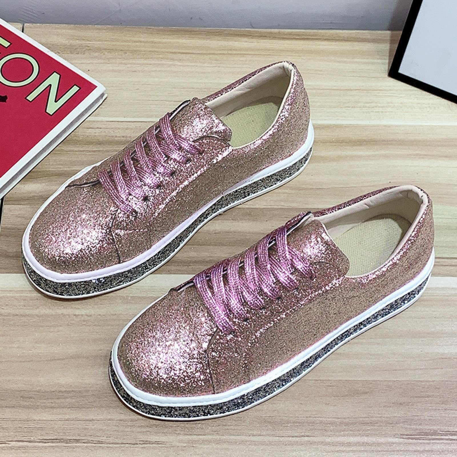 Miluxas Women's Glitter Tennis Shoes Sparkly Rhinestone Pink