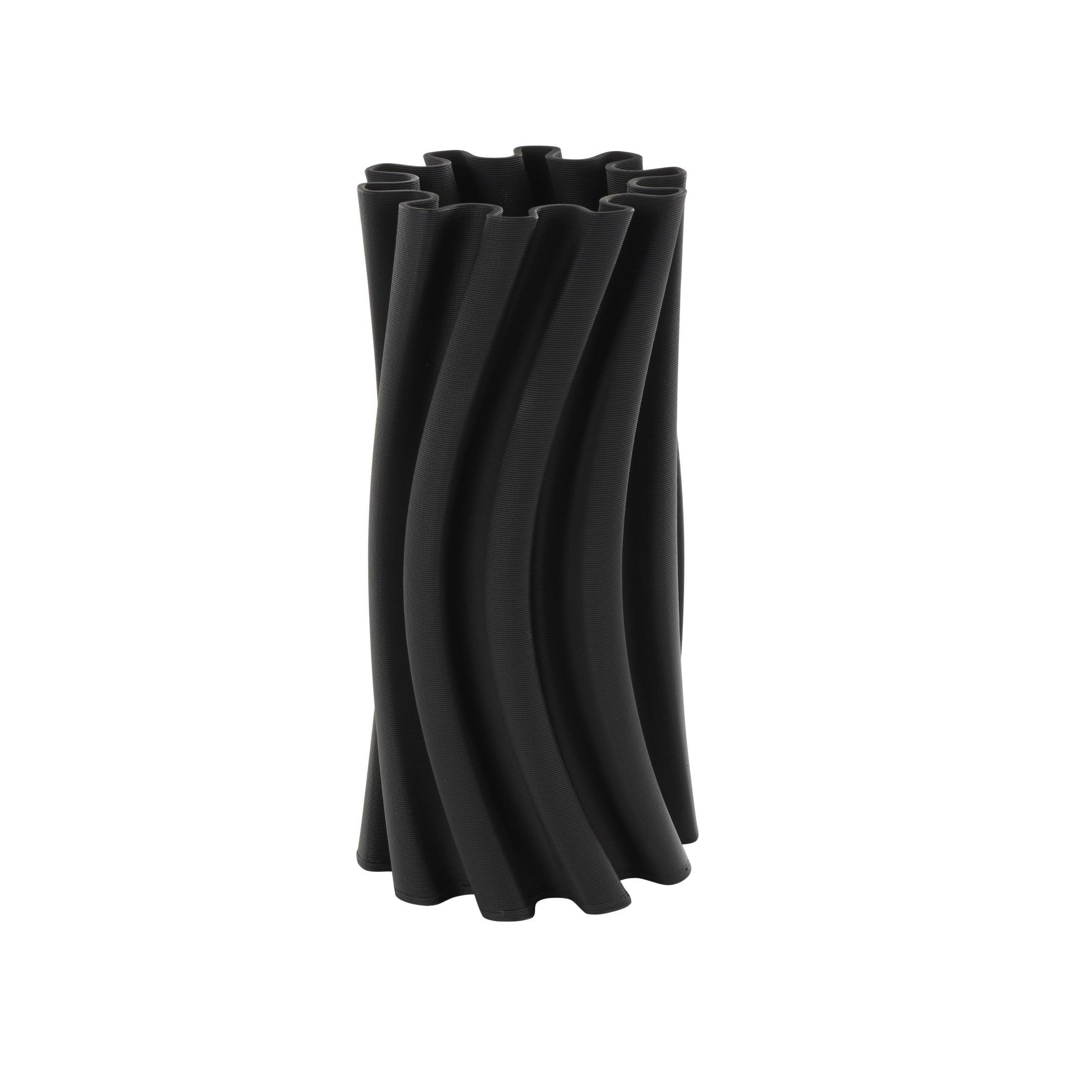 DecMode 11" Abstract Curvy Ribbed Black Ceramic Vase with Floral Shaped Rim