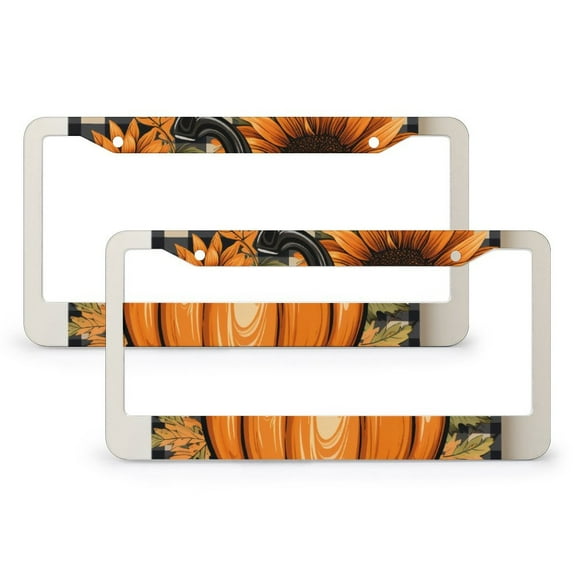 License Plate Frame Black And Orange Plaid Pumpkin And Sunflower License Plate Cover Frame 2 Pieces Autumn Harvest Thanksgiving Metal License Plate Cover for Women Men Auto Decoration Hardware