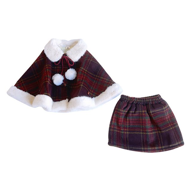 Tenues pour Filles 9-10 Ans Manteau Court en Laine à Carreaux Rouges de Noël Manteau d'Hiver pour Enfants Nouvelle Demi-Jupe Ensemble Deux Pièces pour Enfants