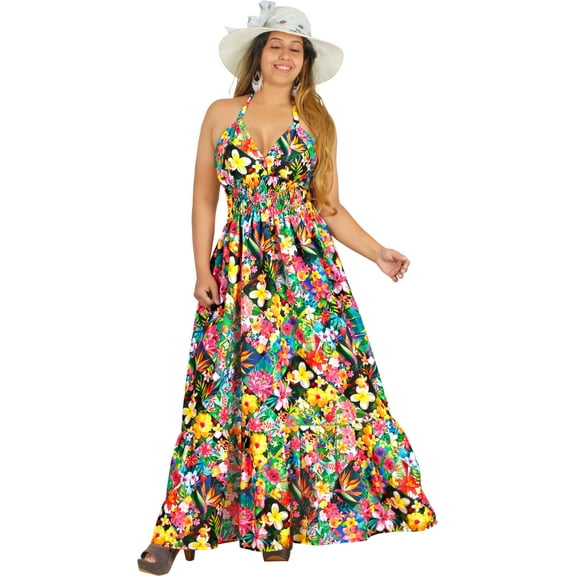 LA LEELA Women's Beach Summer A-Line Maxi Smocked Top Frill Dress Long Sleeveless Casual Tube Dresses for Women S-M Multi, Floral