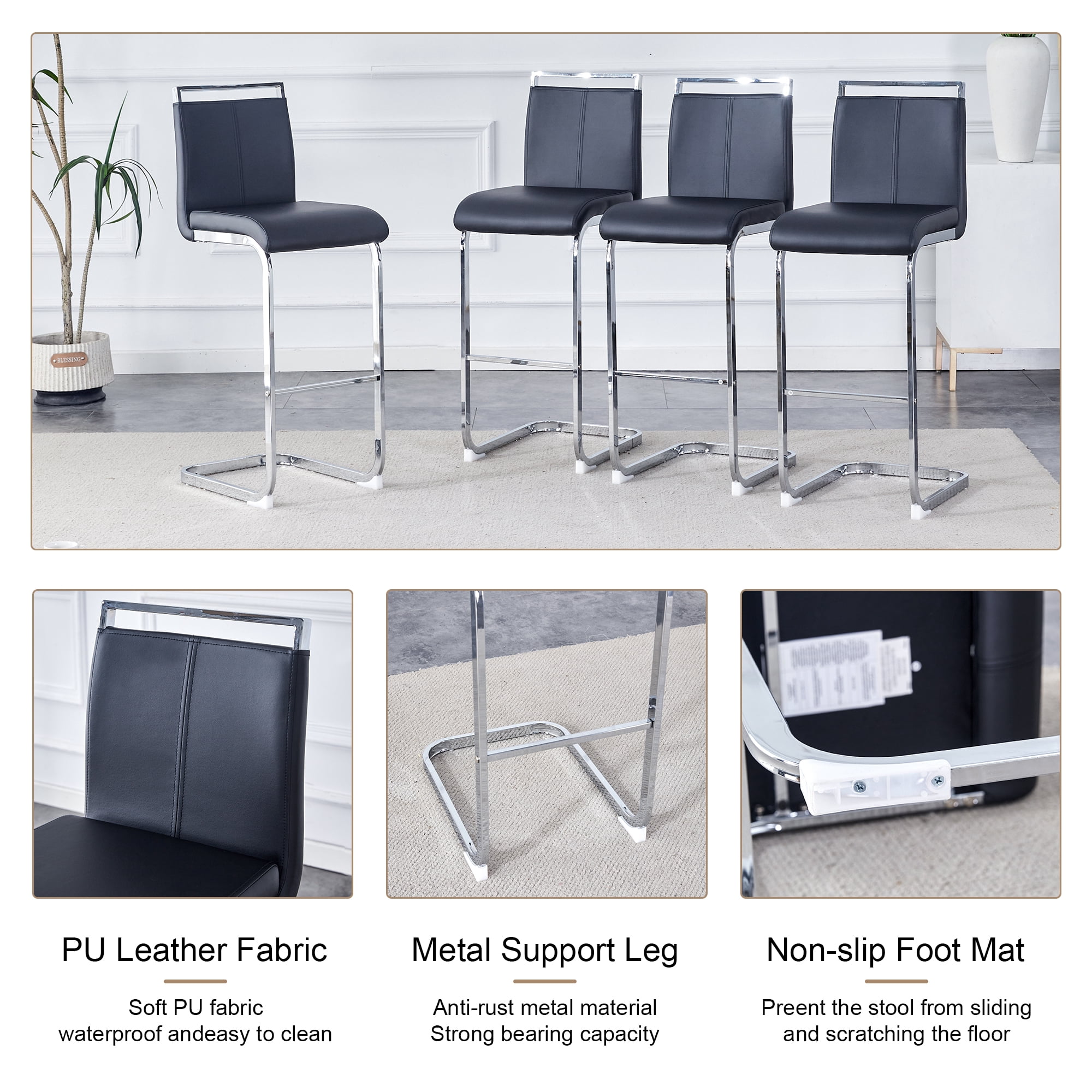 Bar Stools Set of 6, PU Leather Bar Stools 42.5 Inch High with C-Shaped Silver Metal Legs, Counter Height Stools for Kitchen Island, Home Bar, Dining Room and Terrace, Modern Bar Chairs
