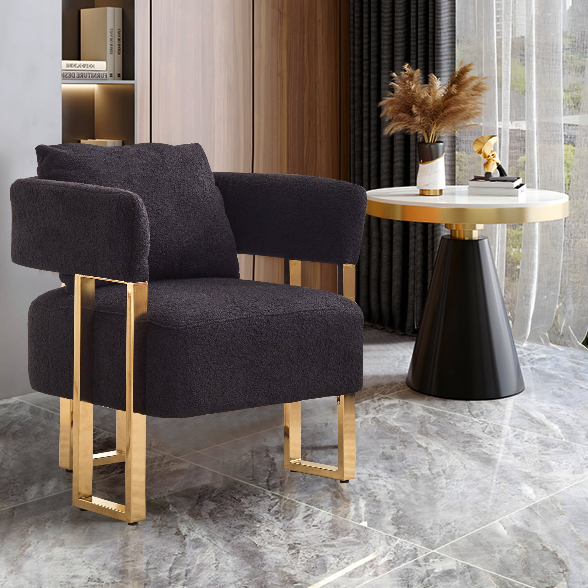 Leumius Teddy Accent Chairs Set of 2,Morden Upholstered Armchair Dining Side Chairs with Gold Metal Legs for Dining Kitchen Living Room,Black